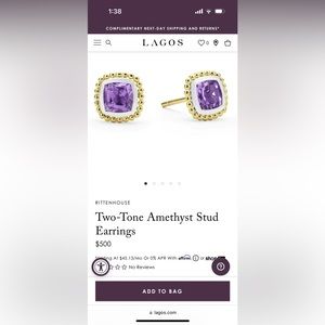 LAGOS S/S 18k Caviar color Amethyst 7mm Cushion stud earrings.